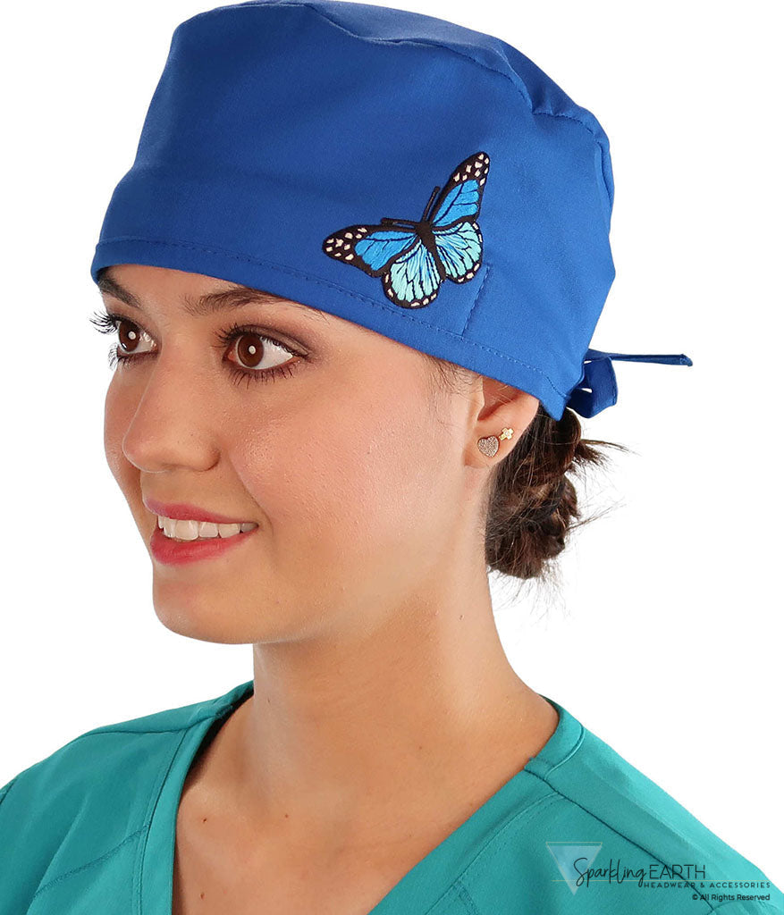 American-Made Cotton Surgical Scrub Cap with Unique Flair - Royal Blue Cap with Blue Butterfly Patch Surgical Scrub Caps
