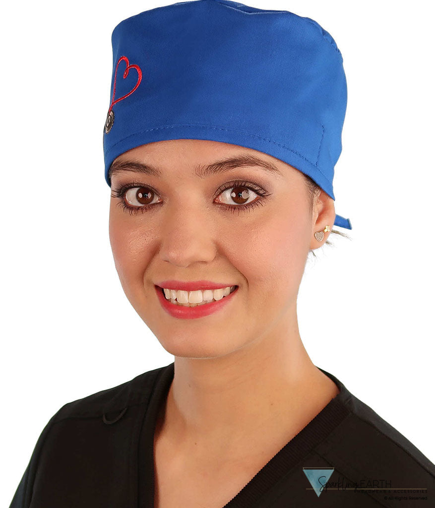 American-Made Cotton Surgical Scrub Cap with Unique Flair - Royal Blue Cap with Heart Stethoscope Patch Surgical Scrub
