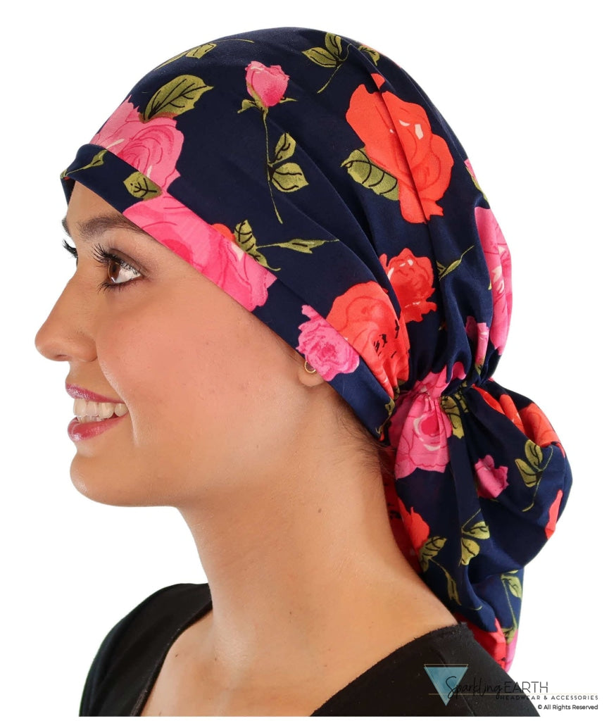 Ashley Headwrap - Roses On Navy Comfort Caps