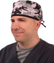 Surgical Scrub Cap - Kickin Camo Black & Grey with Black Ties