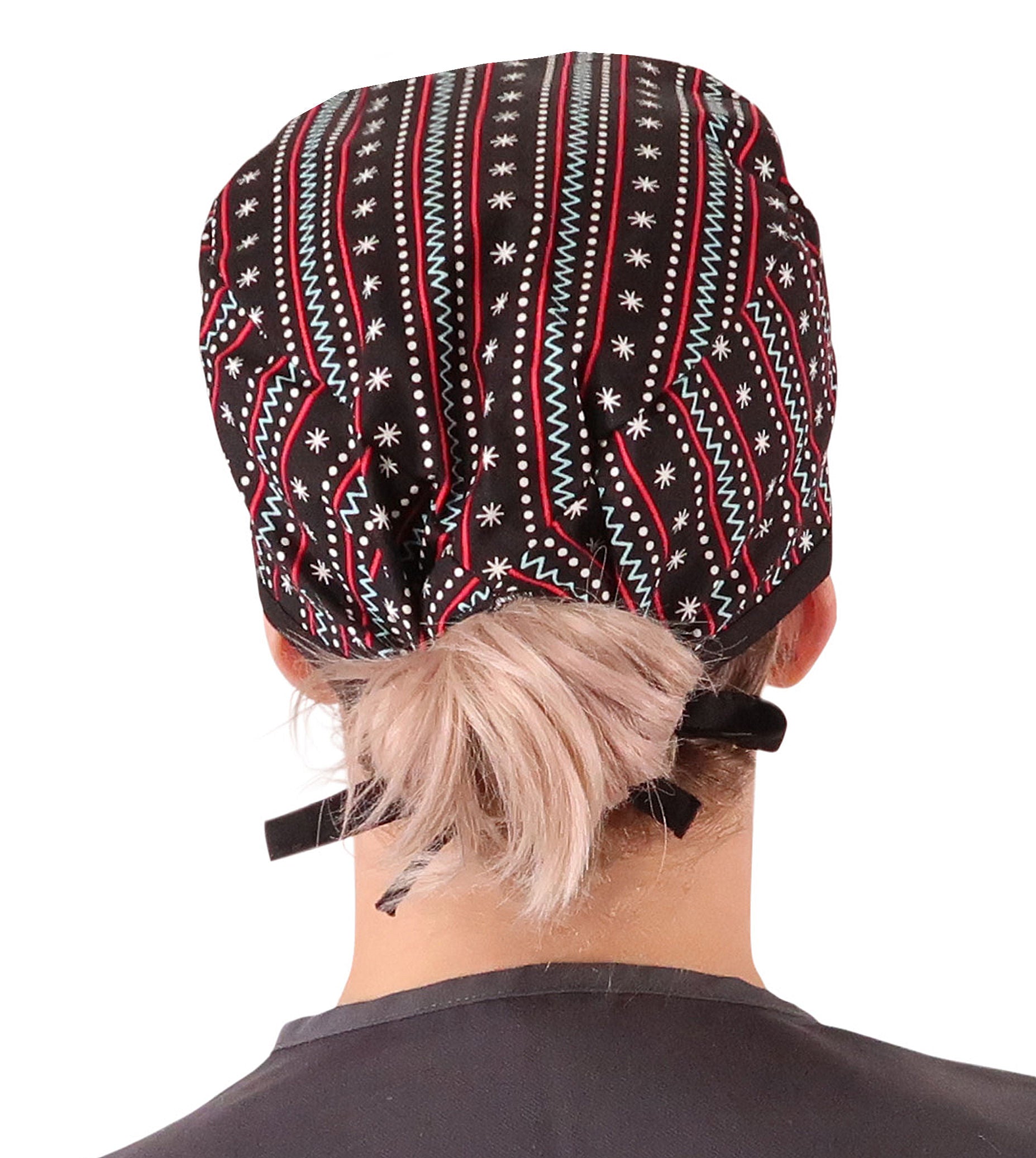 Back Facing View of a Woman Wearing a Classic Cotton Surgical Scrub Cap - Winter Sweater with Black Ties Pattern.