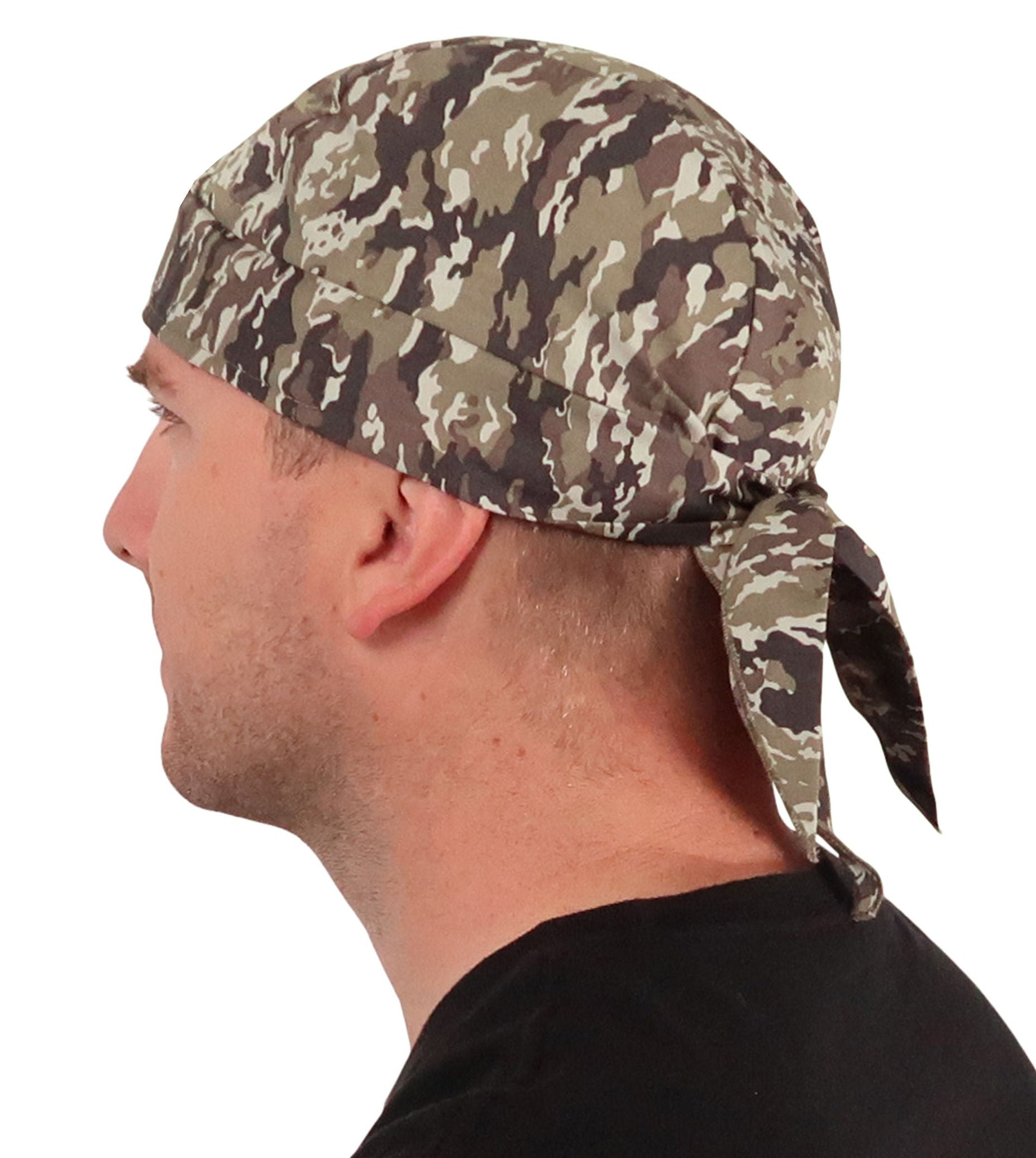 Side Facing View of a man wearing a classic Skull Cap in Combat Camouflage pattern    