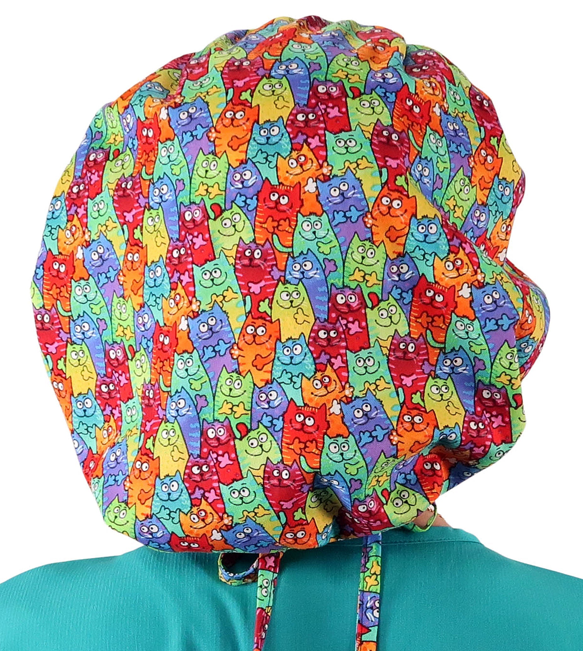 Stylish American Made Banded Bouffant Ponytail Scrub Cap - Colorful Cats Meow Banded Bouffant Surgical Scrub Caps