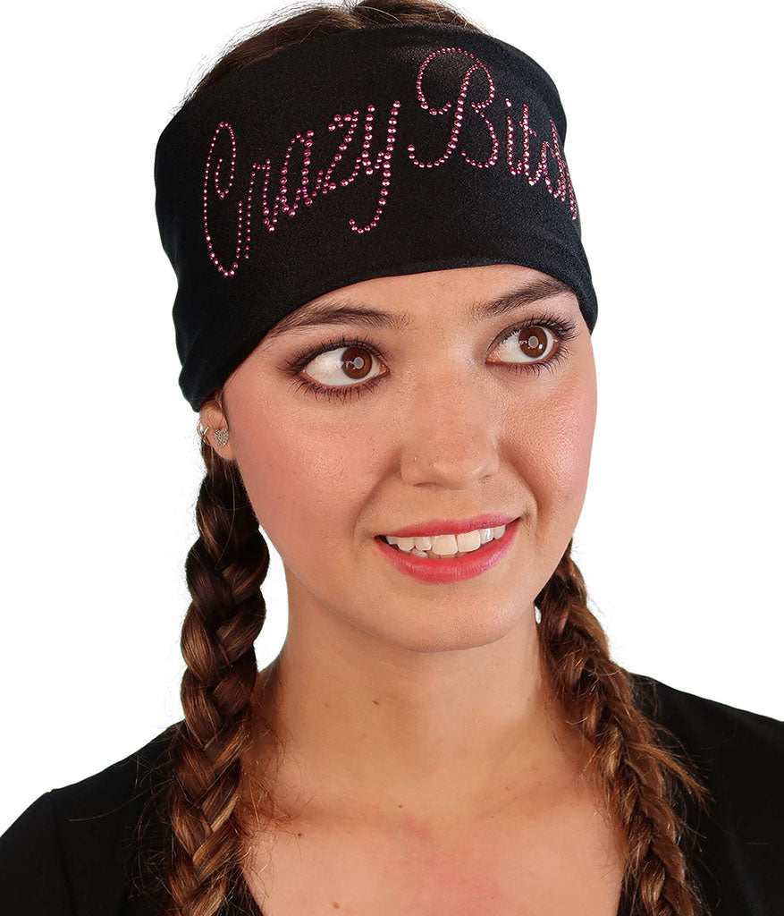 Embellished Reversible Stretch Headband – Stylish, Comfortable &amp; USA-Made -  Black Headband with Dark Pink Fancy Crazy Bitch Rhinestud Design - Stretch Headbands - Sparkling EARTH