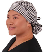 Banded Bouffant Surgical Scrub Cap - Black & White Checks with Black Ties