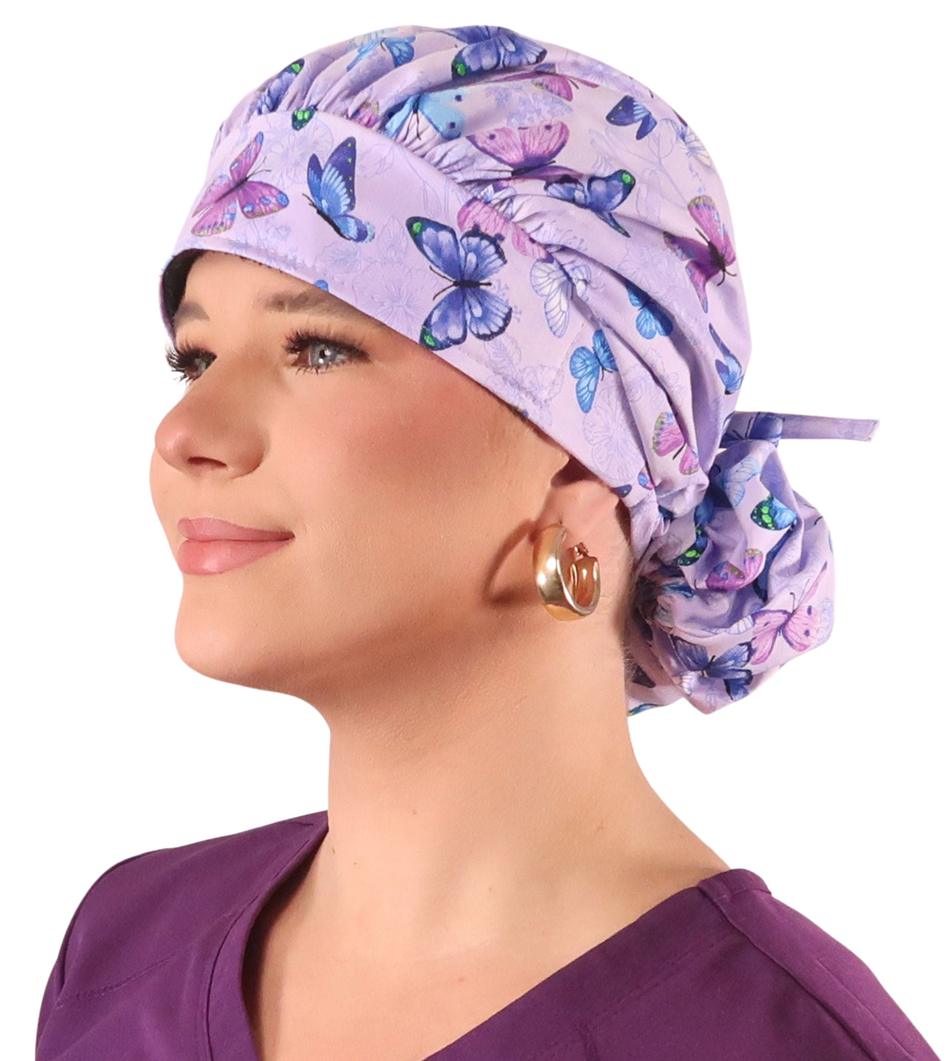 Banded Bouffant Ponytail Scrub Cap - Lavender Butterfly Whimsy Banded Bouffant Surgical Scrub Caps