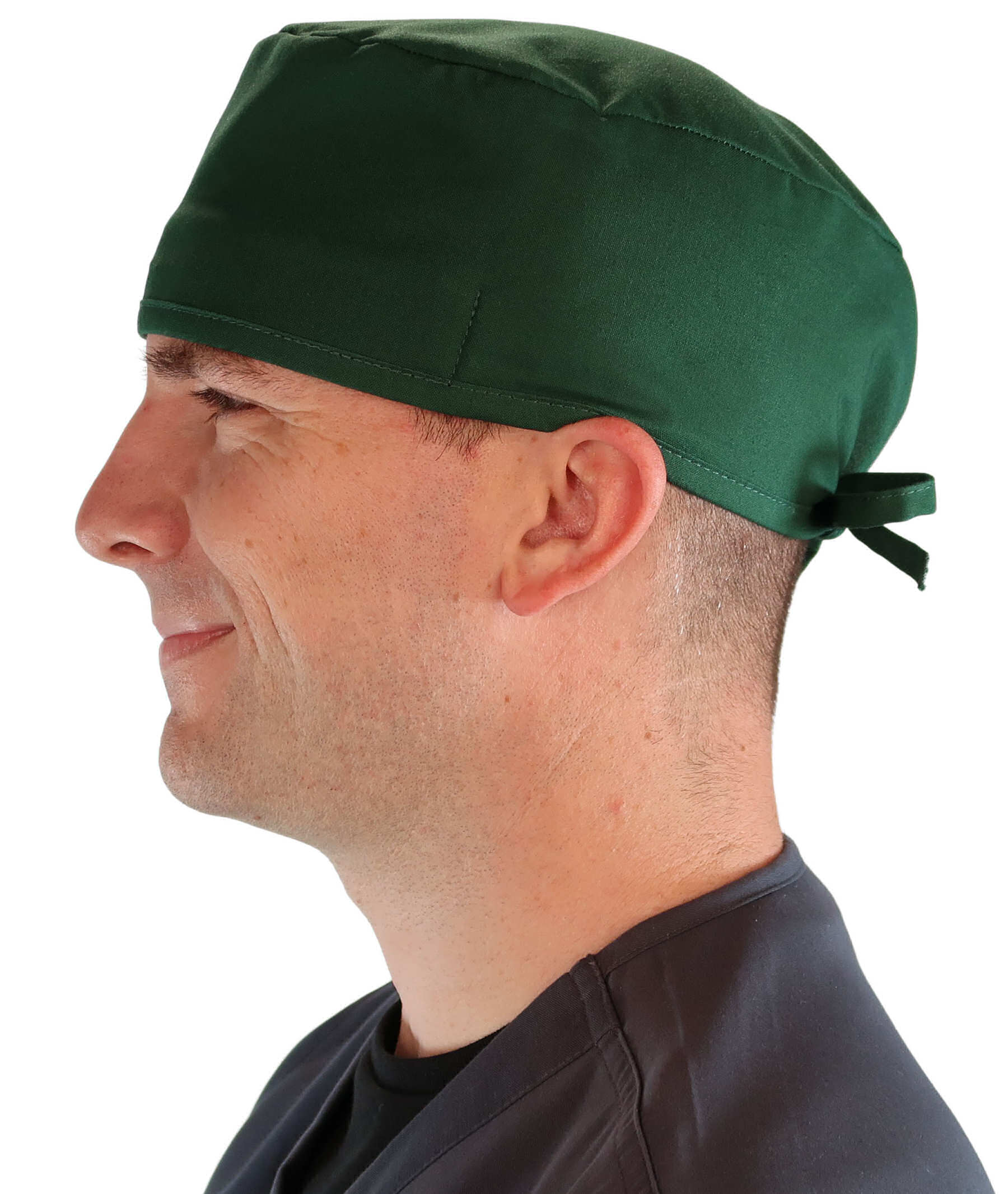 Side Facing View of a Man Wearing a Classic Cotton Surgical Scrub Cap - Hunter Green Scrub Cap