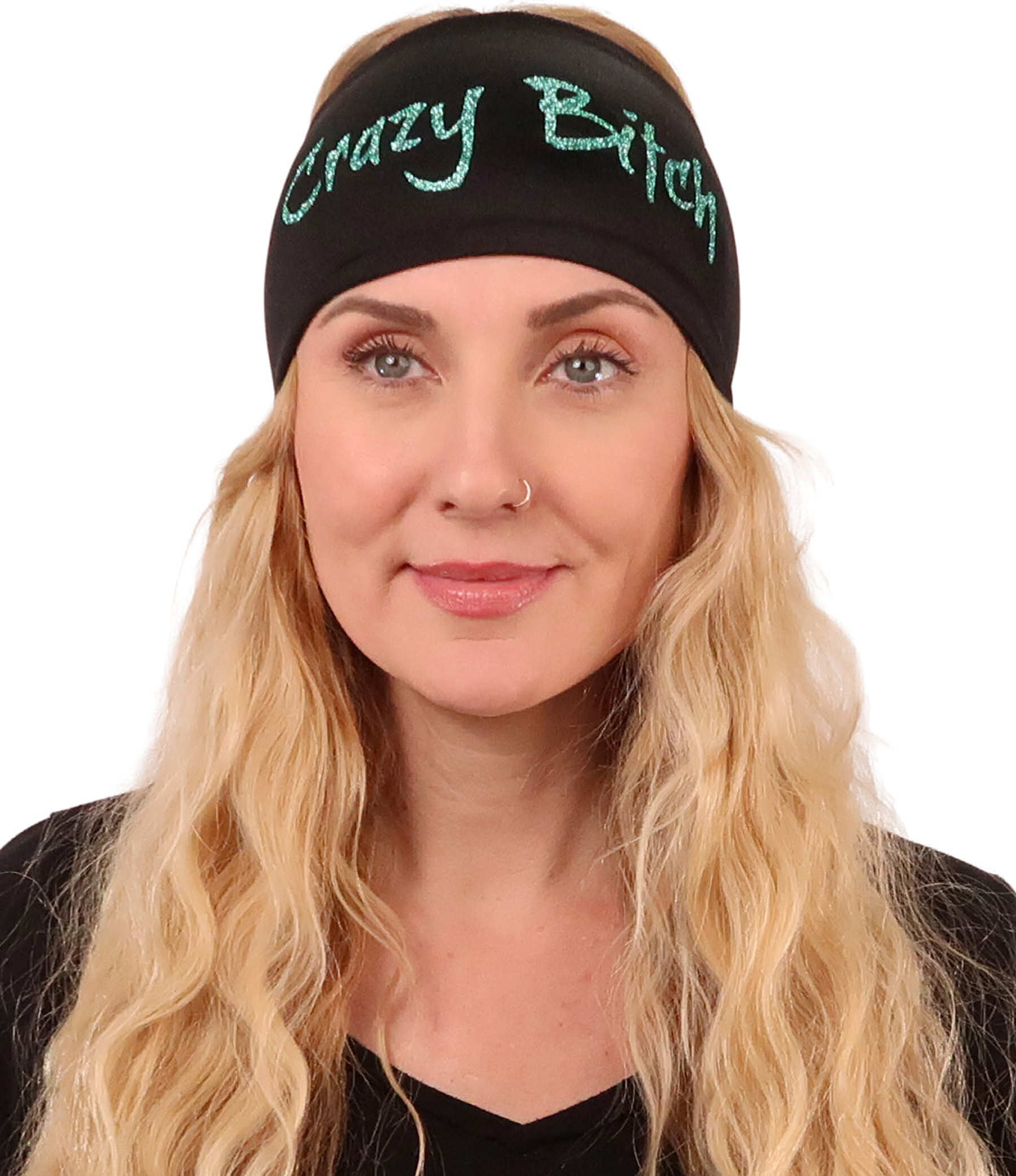 Embellished Stretch Headband - Teal Crazy Bitch Glitter Design on Black - Stretch Headbands - Sparkling EARTH