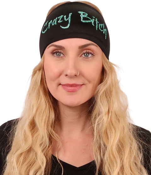 Embellished Stretch Headband - Teal Crazy Bitch Glitter Design on Black