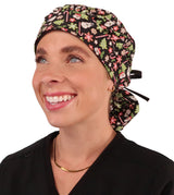 Banded Bouffant Surgical Scrub Cap - Holiday Happiness with Black Ties