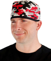 Surgical Cap - Red, Grey, Black & White Camouflage with Black Ties