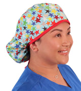 Big Hair Surgical Scrub Cap - Multi Color Stars with Red Ties