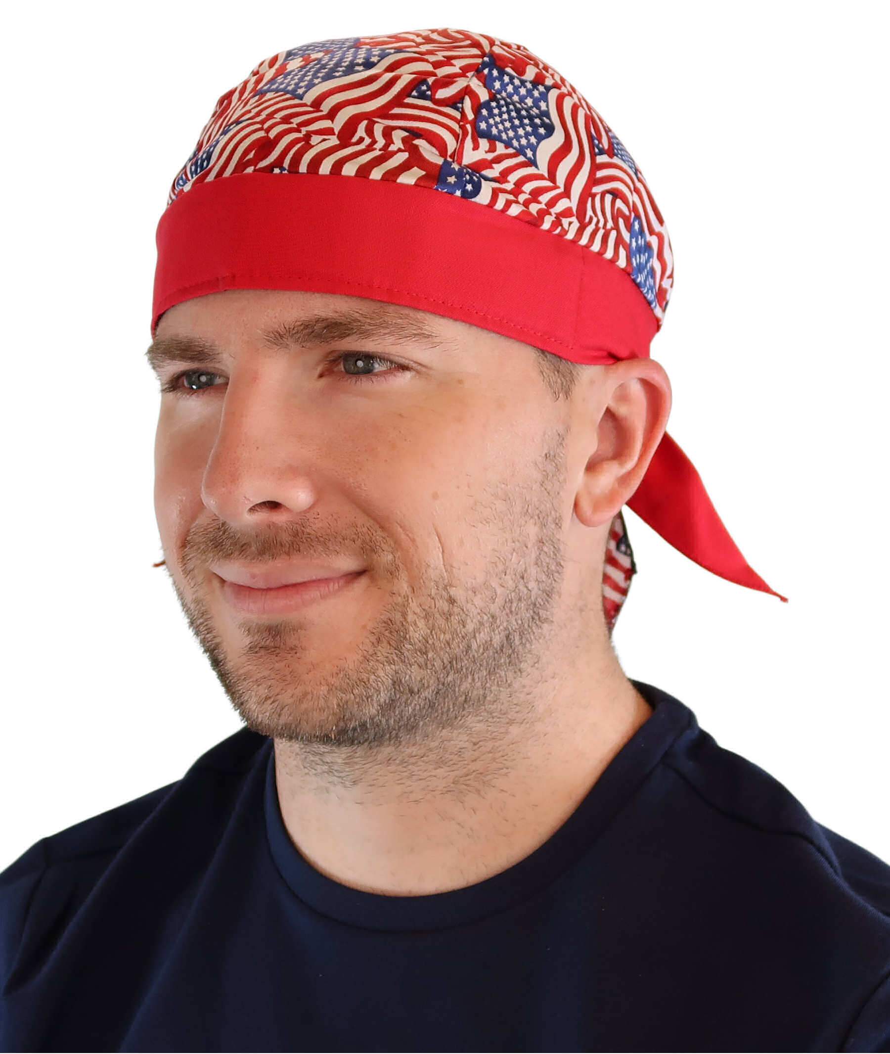 Breathable Cotton Skull Caps: Perfect for Any Activity - Small Tossed US Flags with Red Band Classic Skull Caps