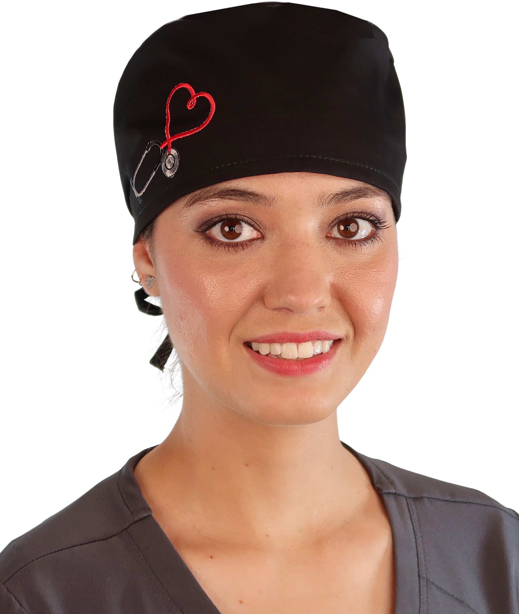 Front Facing View of a Woman Wearing a Classic Cotton Surgical Scrub Cap - Black Fabric with Heart Stethoscope Patch.