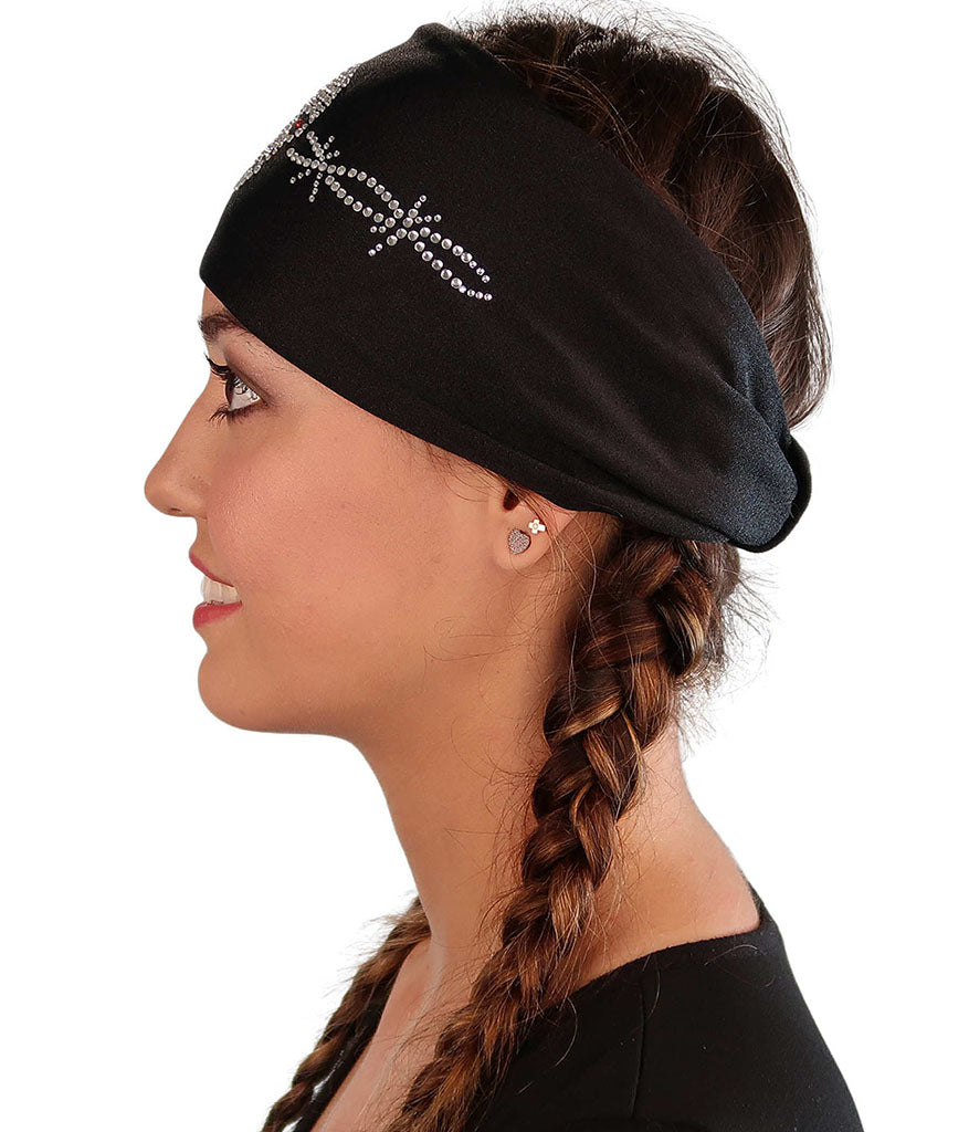 Embellished Reversible Stretch Headband – Stylish Comfortable &amp; USA-Made - Black Headband with Skull and Barbed Wire