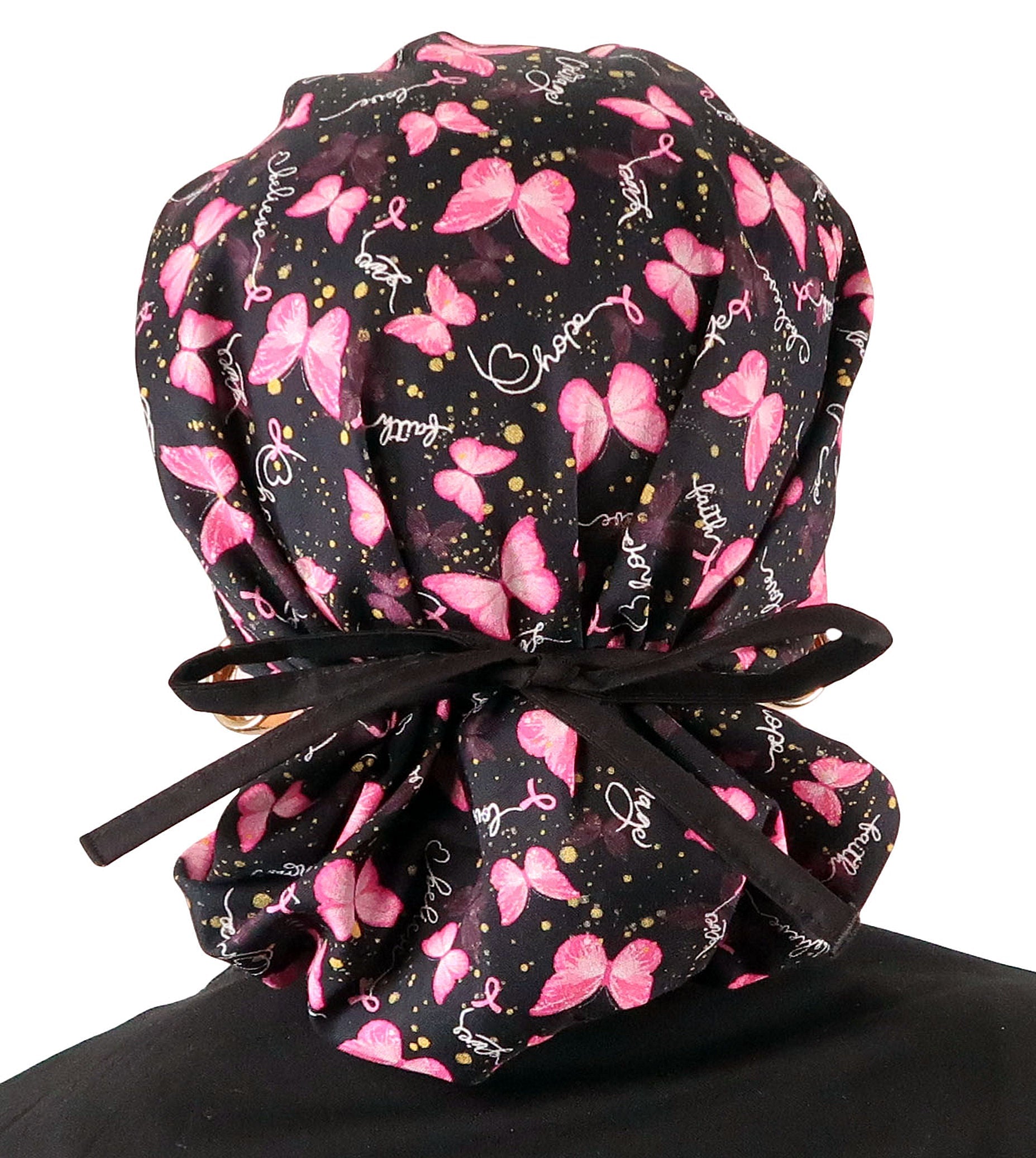Stylish American Made Banded Bouffant Ponytail Scrub Cap - Wings of Hope (Pink Ribbons) with Black Ties Banded Bouffant