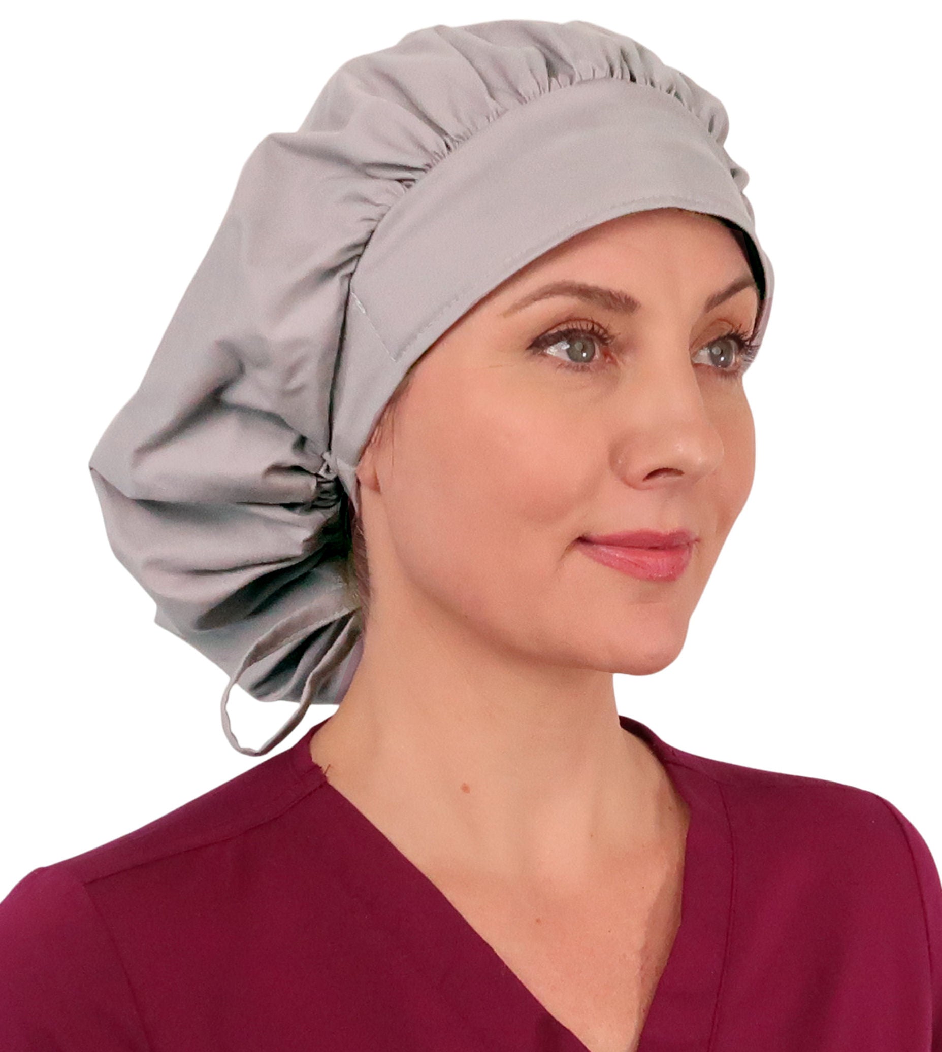 Front Facing Untied View of a Woman Wearing a Tied Back Banded Bouffant Ponytail Surgical Scrub Cap - Solid Light Grey Fabric