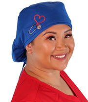 Embellished Big Hair Surgical Cap - Royal Big Hair with Heart Stethoscope Patch