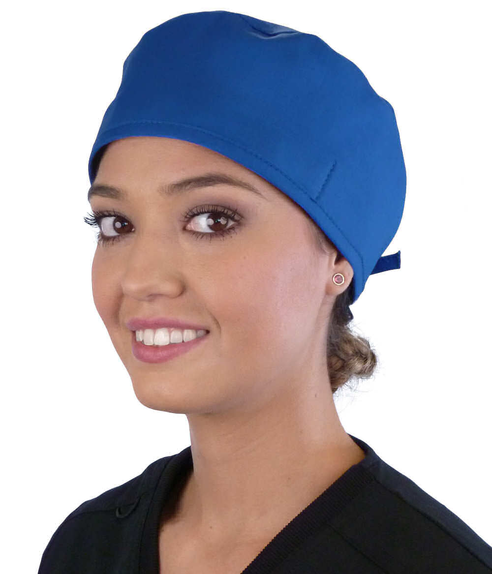 Front Facing View of a Woman Wearing a Classic Cotton Surgical Scrub Cap - Royal Scrub Cap