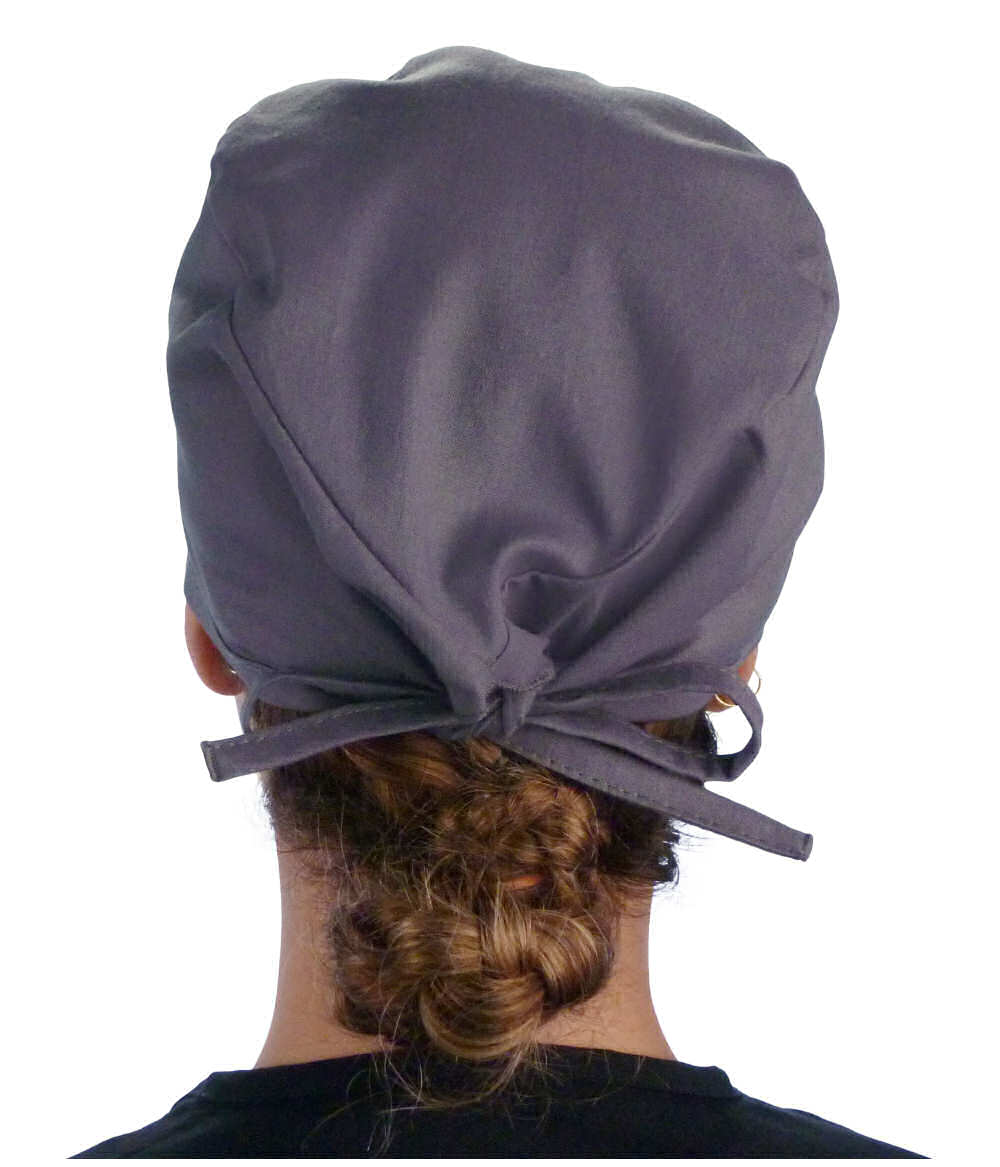 Back Facing View of a Woman Wearing a Classic Cotton Surgical Scrub Cap - Solid Grey Scrub Cap