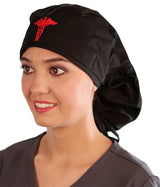 Embellished Big Hair Surgical Cap - Black Big Hair with Red Caduceus Patch