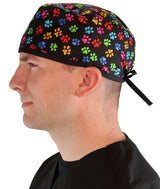 Surgical Scrub Cap - Multi Color Paws with Black Ties