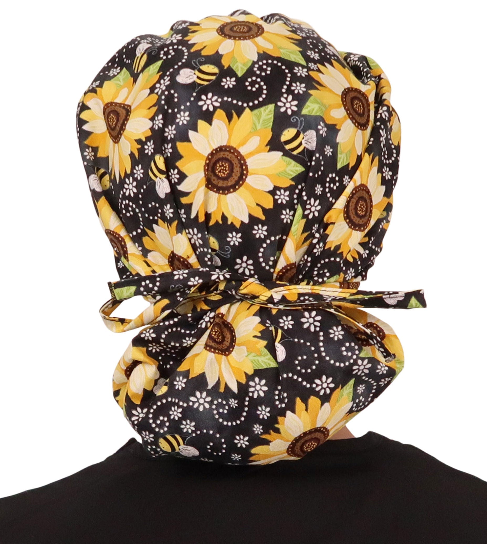 Back Facing Tied View of a Woman Wearing a Banded Bouffant Ponytail Surgical Scrub Cap - BEEutiful Sunflowers Patterned Fabric 