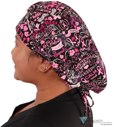 Banded Bouffant - Pink Ribbon Collage On Black Surgical Scrub Caps