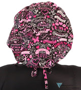 Banded Bouffant - Pink Ribbon Collage On Black Surgical Scrub Caps