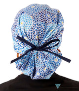 Banded Bouffant Ponytail Scrub Cap - Blue Dahlia Dreams with Navy Ties Banded Bouffant Surgical Scrub Caps