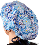 Banded Bouffant Ponytail Scrub Cap - Blue Dahlia Dreams with Navy Ties Banded Bouffant Surgical Scrub Caps
