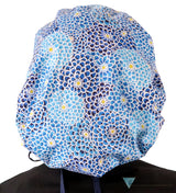 Banded Bouffant Ponytail Scrub Cap - Blue Dahlia Dreams with Navy Ties Banded Bouffant Surgical Scrub Caps