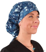 Banded Bouffant Ponytail Scrub Cap - Bountiful Blue Blooms Surgical Caps