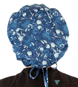 Banded Bouffant Ponytail Scrub Cap - Bountiful Blue Blooms Surgical Caps