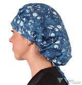 Banded Bouffant Ponytail Scrub Cap - Bountiful Blue Blooms Surgical Caps