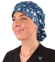 Banded Bouffant Ponytail Scrub Cap - Bountiful Blue Blooms Surgical Caps