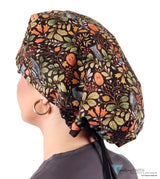 Banded Bouffant Ponytail Scrub Cap - Fall Fantasy with Black Ties Banded Bouffant Surgical Scrub Caps
