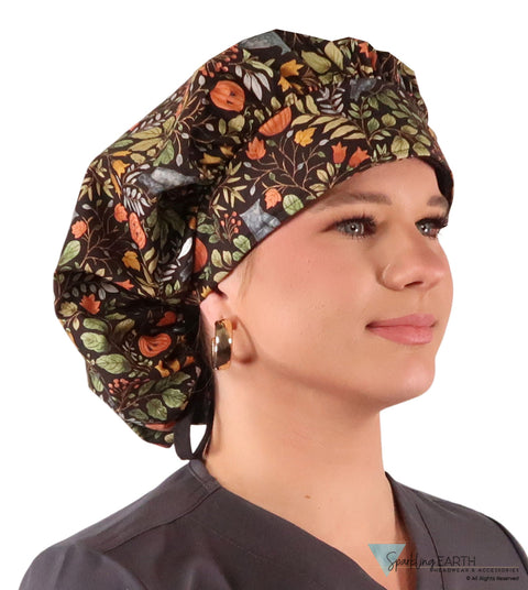 Banded Bouffant Ponytail Scrub Cap - Fall Fantasy with Black Ties Banded Bouffant Surgical Scrub Caps
