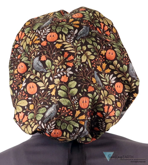 Banded Bouffant Ponytail Scrub Cap - Fall Fantasy with Black Ties Banded Bouffant Surgical Scrub Caps