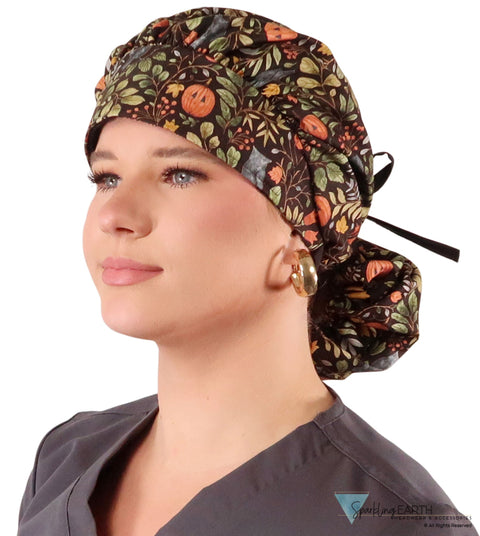 Banded Bouffant Ponytail Scrub Cap - Fall Fantasy with Black Ties Banded Bouffant Surgical Scrub Caps