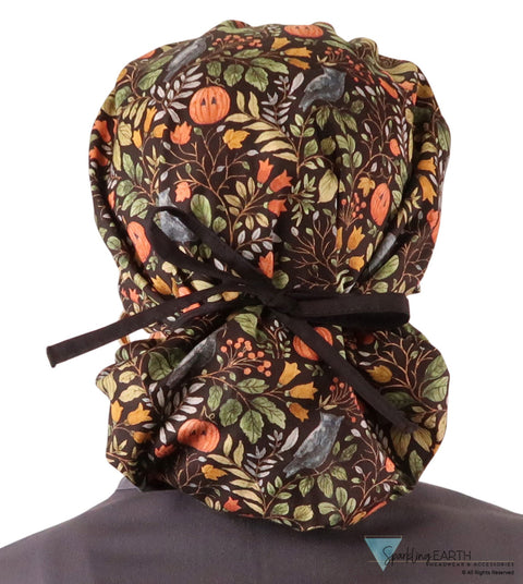 Banded Bouffant Ponytail Scrub Cap - Fall Fantasy with Black Ties Banded Bouffant Surgical Scrub Caps