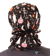 Banded Bouffant Ponytail Scrub Cap - Ghostly Gala with Black Ties Banded Bouffant Surgical Scrub Caps