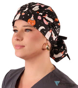Banded Bouffant Ponytail Scrub Cap - Ghostly Gala with Black Ties Banded Bouffant Surgical Scrub Caps