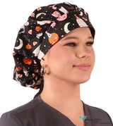 Banded Bouffant Ponytail Scrub Cap - Ghostly Gala with Black Ties Banded Bouffant Surgical Scrub Caps