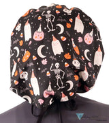 Banded Bouffant Ponytail Scrub Cap - Ghostly Gala with Black Ties Banded Bouffant Surgical Scrub Caps