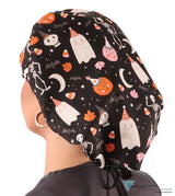 Banded Bouffant Ponytail Scrub Cap - Ghostly Gala with Black Ties Banded Bouffant Surgical Scrub Caps