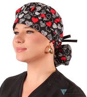 Banded Bouffant Ponytail Scrub Cap - Heartwarming Hearts with Black Ties Banded Bouffant Surgical Scrub Caps