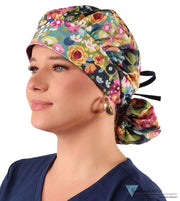 Banded Bouffant Ponytail Scrub Cap - Morning Meadow with Navy Ties Banded Bouffant Surgical Scrub Caps