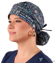 Banded Bouffant Ponytail Scrub Cap - Whimsical Winter with Navy Ties Banded Bouffant Surgical Scrub Caps