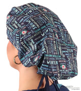 Banded Bouffant Ponytail Scrub Cap - Whimsical Winter with Navy Ties Banded Bouffant Surgical Scrub Caps
